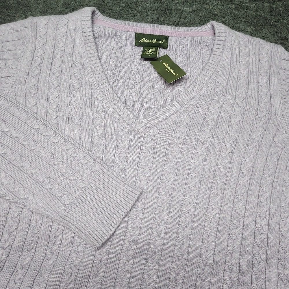 Eddie Bauer Womens Cable Knit V-Neck Sweater Angora Rabbit Purple Large NWT